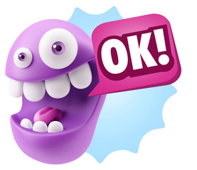 3d Rendering Smile Character Emoticon Expression saying Ok with