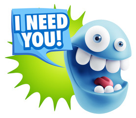 3d Rendering Smile Character Emoticon Expression saying I Need Y