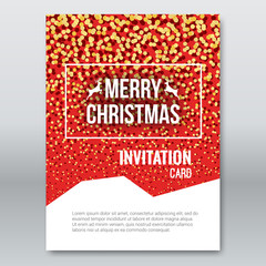Merry Christmas Red Invitation Card, design template, xmas brochure design with falling glitter particles, vector illustration