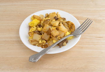 Breakfast meal with a fork resting on a plate atop a wood table top illuminated with natural light.