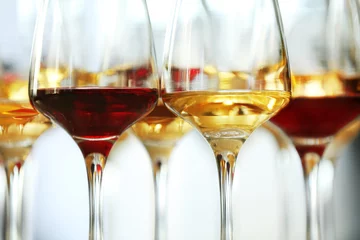 Foto op Plexiglas Many glasses of different wine on a table, close up © Africa Studio