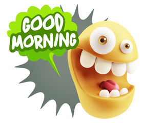 3d Rendering Smile Character Emoticon Expression saying Good Mor