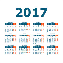 Calendar 2017 Year on White Background. Flat vector.