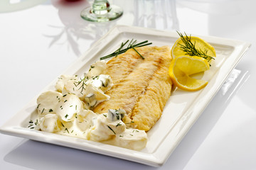 Fischgericht, gebratenes Victoriaseebarsch Filet mit Kartoffelsa