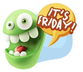 3d Rendering Smile Character Emoticon Expression saying It's Fri