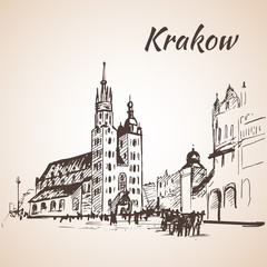 Fototapeta Main Square, Krakow, Poland. Sketch. Isolated on white backgroun obraz