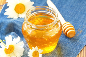 Flower honey in glass jar