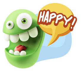3d Rendering Smile Character Emoticon Expression saying Happy wi