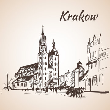 Main Square, Krakow, Poland. Sketch. Isolated on white backgroun