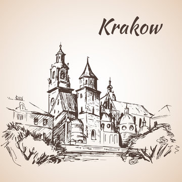 Wawel Cathedral - Krakow, Poland. Sketch. solated on white backg