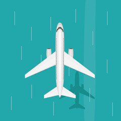 Airplane flies in the sky over sea. View from above