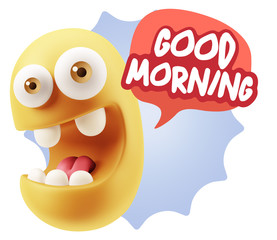 3d Rendering Smile Character Emoticon Expression saying Good Mor