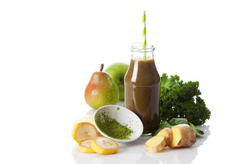 Glasflasche, Green Smoothie, Strohhalme, Spinat, Blätter, Grün