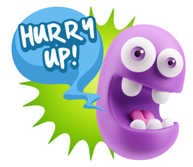 3d Rendering Smile Character Emoticon Expression saying Hurry Up