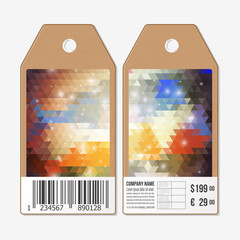 Vector tags design on both sides, cardboard sale labels with barcode. Polygonal design, colorful geometric triangular backgrounds