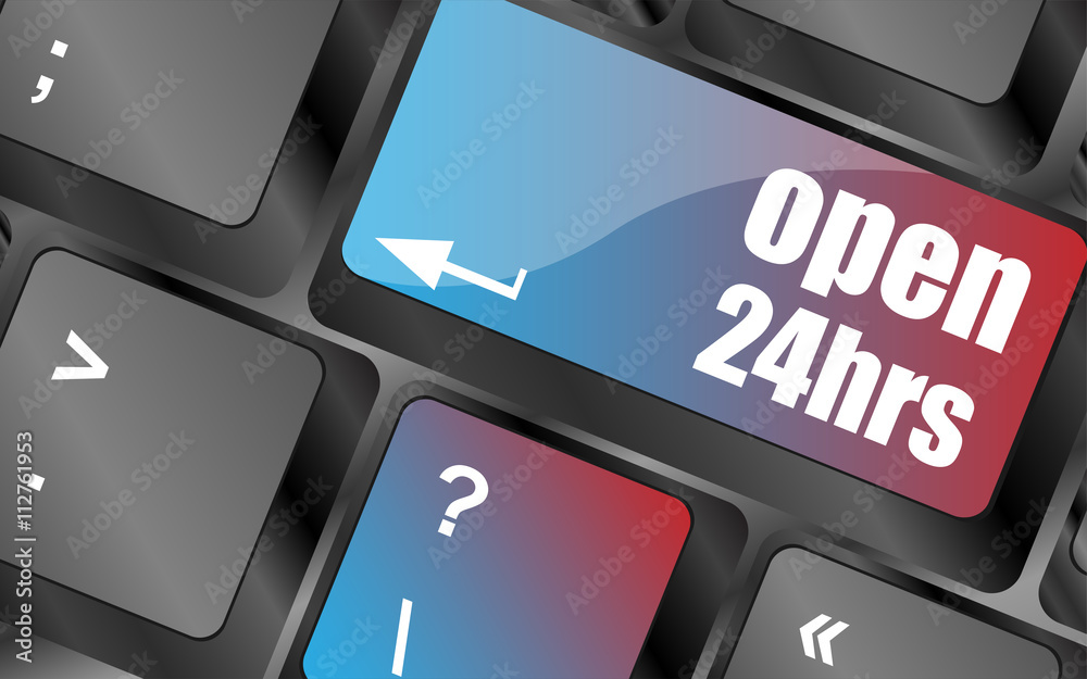 Poster computer keyboard with open 24 hours keys, business concept keyboard keys, keyboard button, keyboard