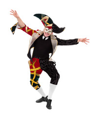 harlequin wearing a mask, isolated on white background in full length.