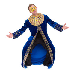 Carnival dancer man wearing a mask dancing, isolated on white