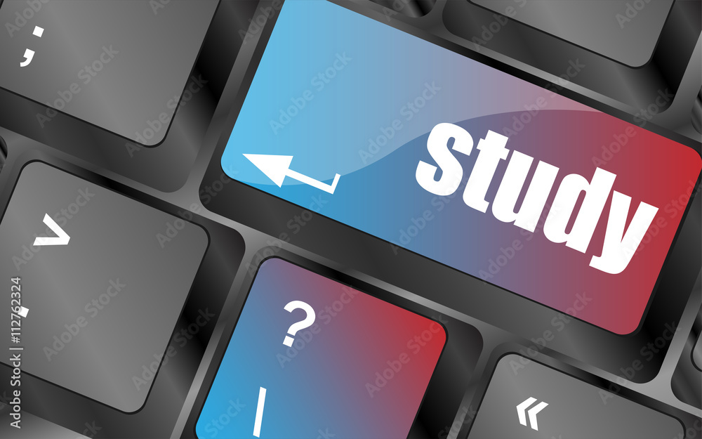 Poster education concept: computer keyboard with word study, selected focus on enter button background keyb