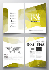 Set of business templates for brochure, magazine, flyer, booklet or annual report. Molecular construction with connected lines and dots, scientific pattern on abstract yellow polygonal background