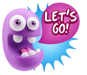 3d Rendering Smile Character Emoticon Expression saying Let'S Go