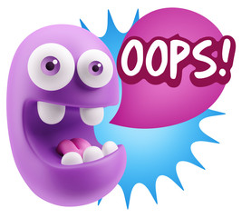 3d Rendering Smile Character Emoticon Expression saying Oops wit