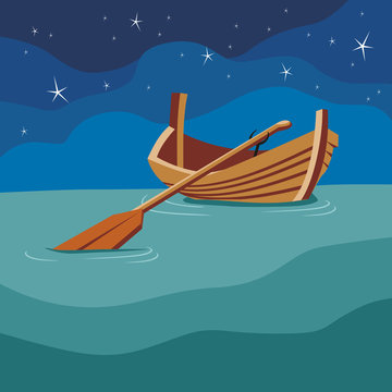 Boat with a paddle on the water. Night.