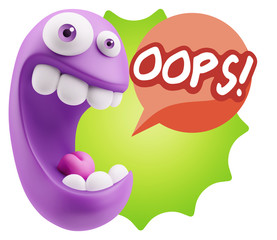 3d Rendering Smile Character Emoticon Expression saying Oops wit