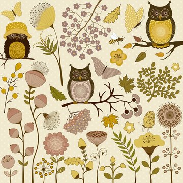 Colorful pattern with flowers and owls