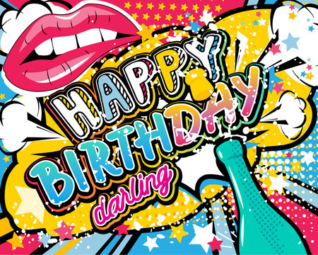 Birthday Card - vector illustration with champagne, lips and stars elements.
