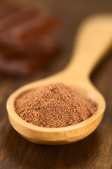 Kakaopulver auf Holzlöffel (Sehr Geringe Tiefenschärfe, Fokus ein Drittel in den Kakaopulver)