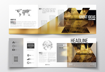 Set of tri-fold brochures, square design templates. Colorful polygonal background, blurred image, night city landscape, triangular vector texture.