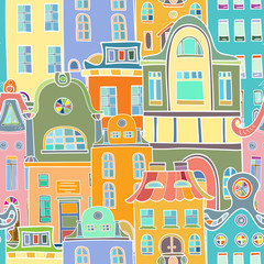 Seamless pattern of hand-drawn and colored houses.