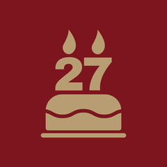 The birthday cake with candles in the form of number 27 icon. Birthday symbol. Flat