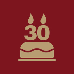 The birthday cake with candles in the form of number 30 icon. Birthday symbol. Flat