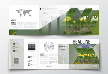Vector set of tri-fold brochures, square design templates. Colorful polygonal floral background, blurred image, yellow flowers on green, modern triangular texture