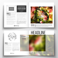 Fototapeta na wymiar Set of annual report business templates for brochure, magazine, flyer or booklet. Colorful polygonal floral background, blurred image, pink flowers on green, modern triangular texture