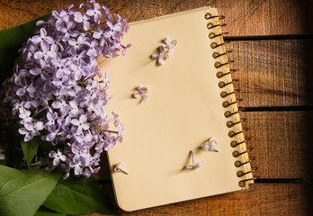 Top view of notepad with lilac