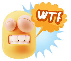 3d Rendering Smile Character Emoticon Expression saying WTF with