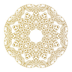 Abstract golden microchip pattern isolated on white background, mandala template with connecting dots and lines, connection structure. Digital scientific vector