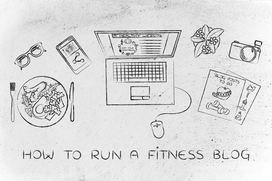 health & fitness blogger desk with laptop, how to run a blog