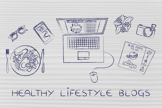 health & fitness blogger desk with laptop, healthy lifestyle blo