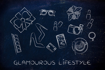Fototapeta na wymiar mixed glamour objects on desk, glamourous lifestyle