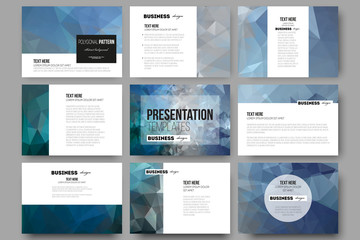 Set of 9 templates for presentation slides. Abstract blue polygonal background, colorful backdrop, modern stylish vector texture.