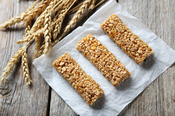 Granola bar on a grey wooden table