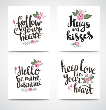 Set of trendy hipster Valentine Cards. Hand drawn vector backgrounds. Set of Valentine's calligraphic headlines