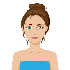 Beautiful friendly young girl with hair bun, dark hair. Cartoon style. Big green eyes, tanned skin. Wearing towel. Vector portrait with layers. Graphic design element for spa or beauty salon poster