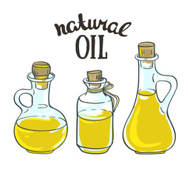Set of bottles with sunflower, linseed and olive oil. Vector isolated objects.