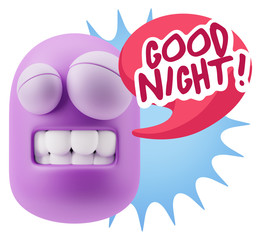 3d Rendering Smile Character Emoticon Expression saying Good Nig