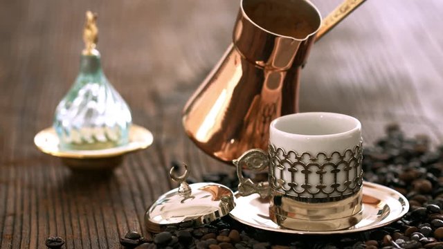 Turkish coffee on wooden table